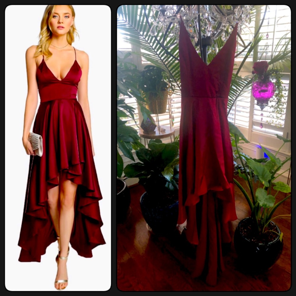 New Burgundy Hi Low Maxi Cocktail V-neck Dress wine